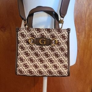 GUESS Patterned Brown and Cream Handheld Shoulder Bag